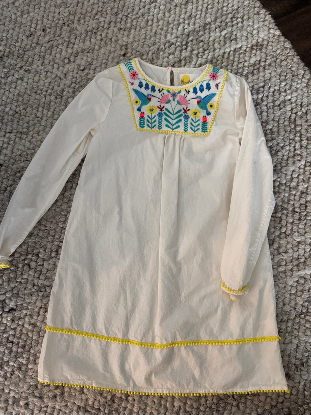 Mini Boden Cream Dress with Colorful Embroidered Bib